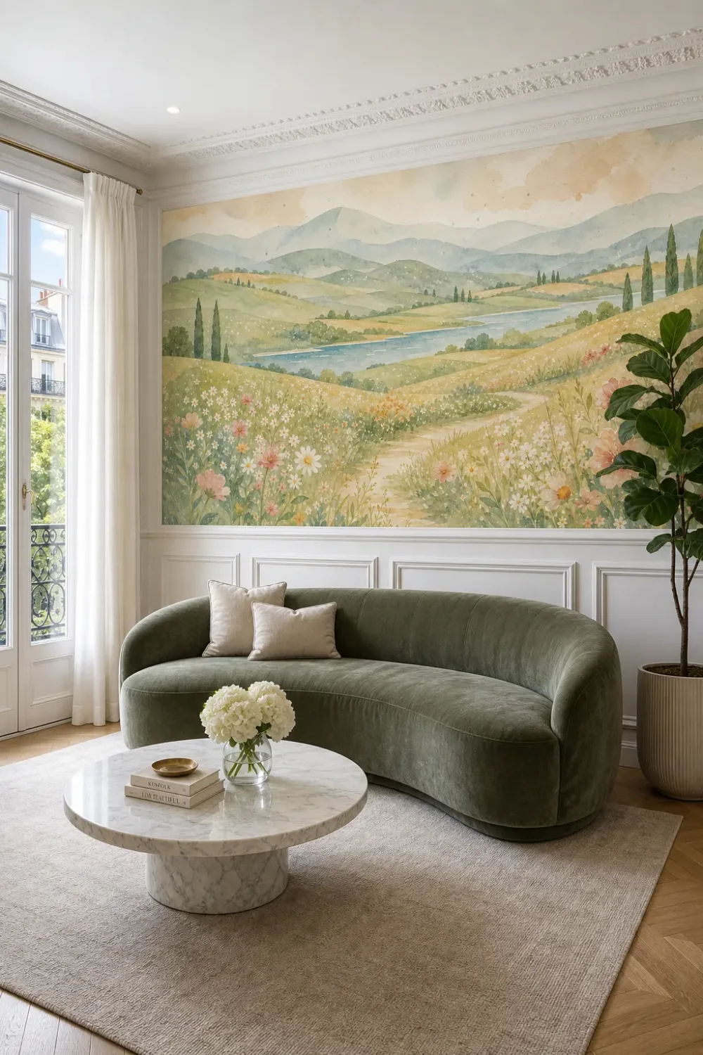 A modern Parisian living room featuring a serene watercolor rolling hills wildflower mural installed within wall moldings above white wainscoting.