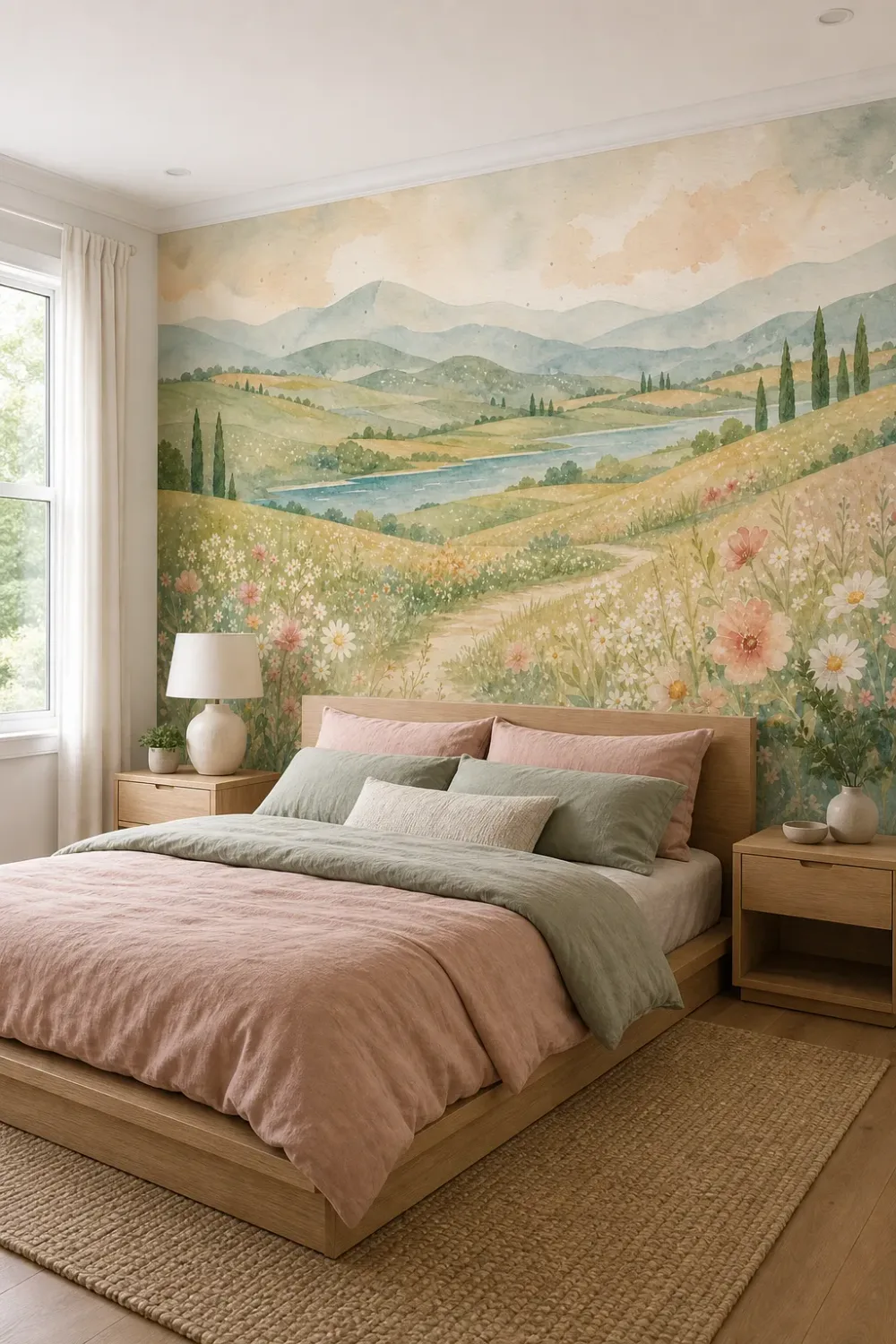 A Scandinavian minimalist bedroom featuring a watercolor rolling hills wildflower mural on the main headboard wall.