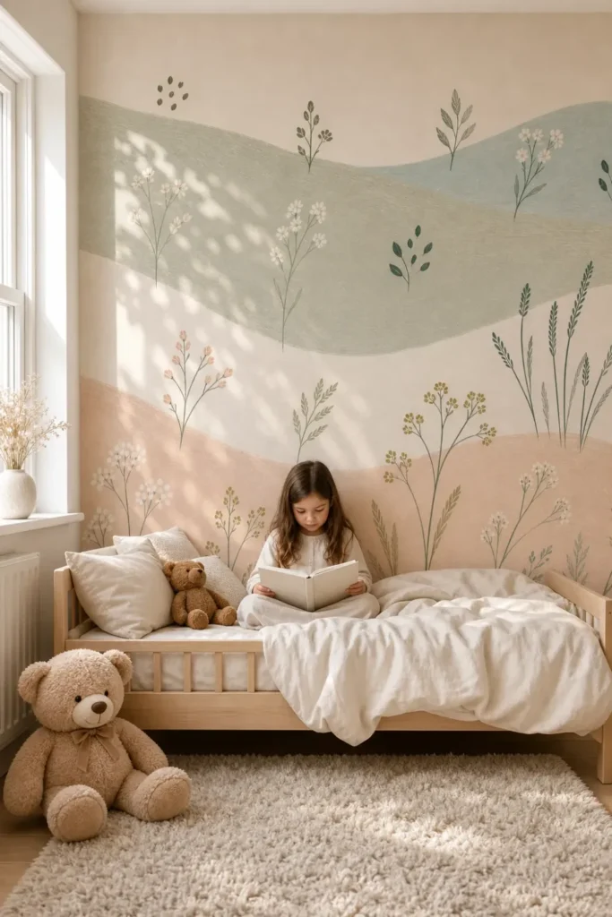 A minimalist Scandinavian nursery featuring a blush sage wildflower waves blue gray mural on the main wall behind a cozy toddler bed.