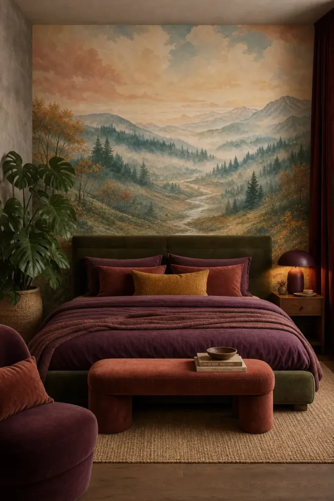 A modern eclectic bedroom featuring a pastel mountain landscape wall mural behind a moss green velvet bed.