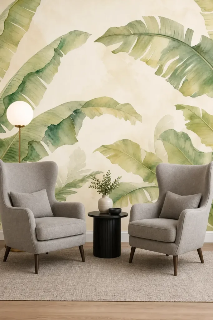 Modern minimalist living room featuring a soft watercolor banana leaves mural on a focal wall behind two grey lounge chairs.