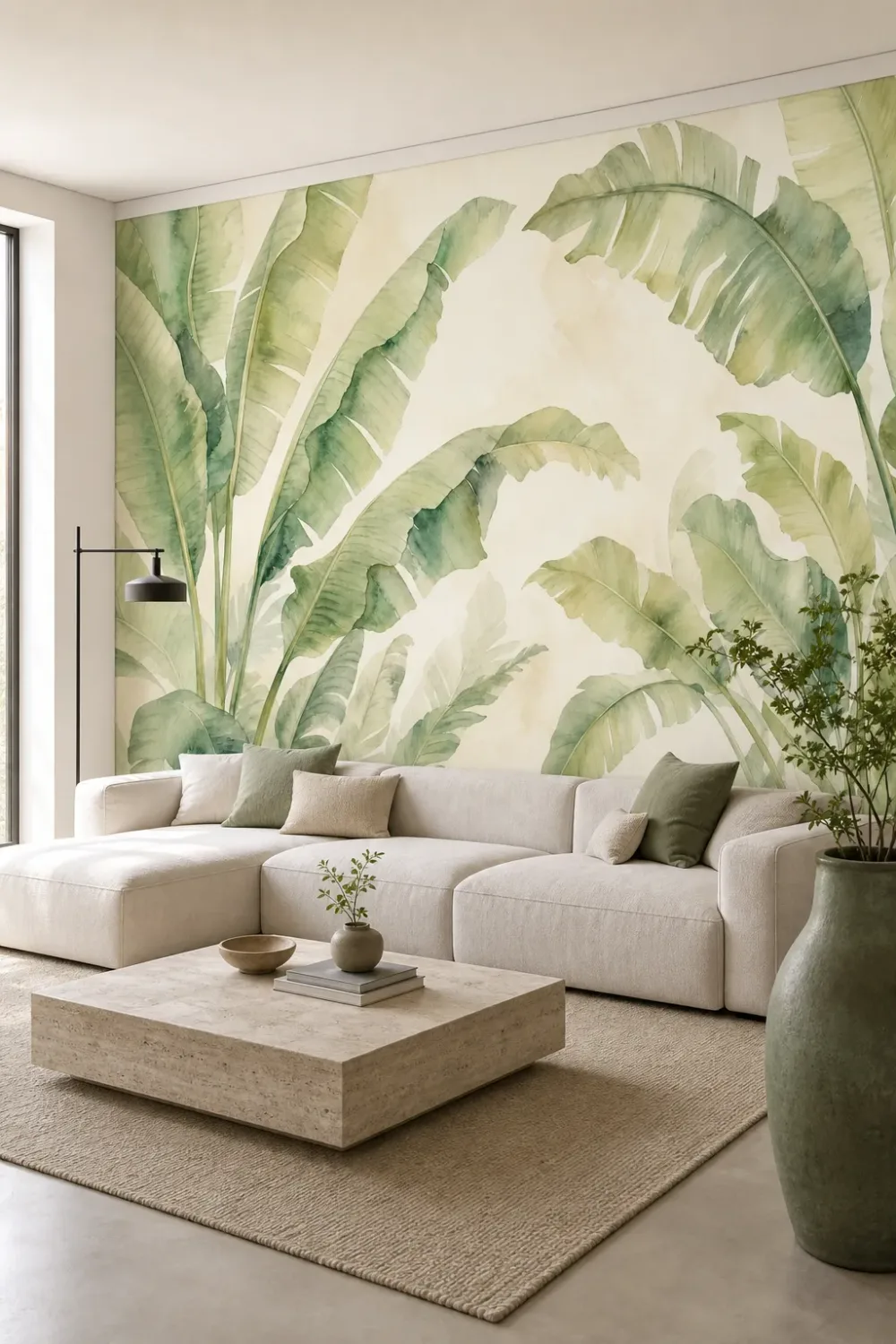 Contemporary living room featuring a soft watercolor banana leaves mural on a large plaster feature wall.