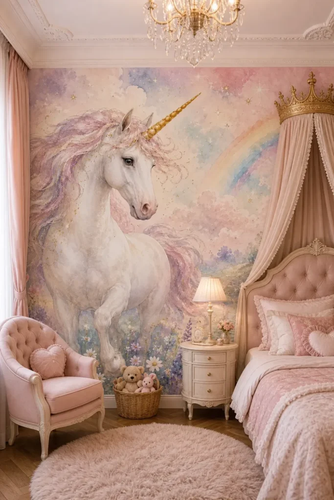 An elegant Parisian Chic children's bedroom featuring the Pastel Watercolor Unicorn Wallpaper Mural on a main feature wall.