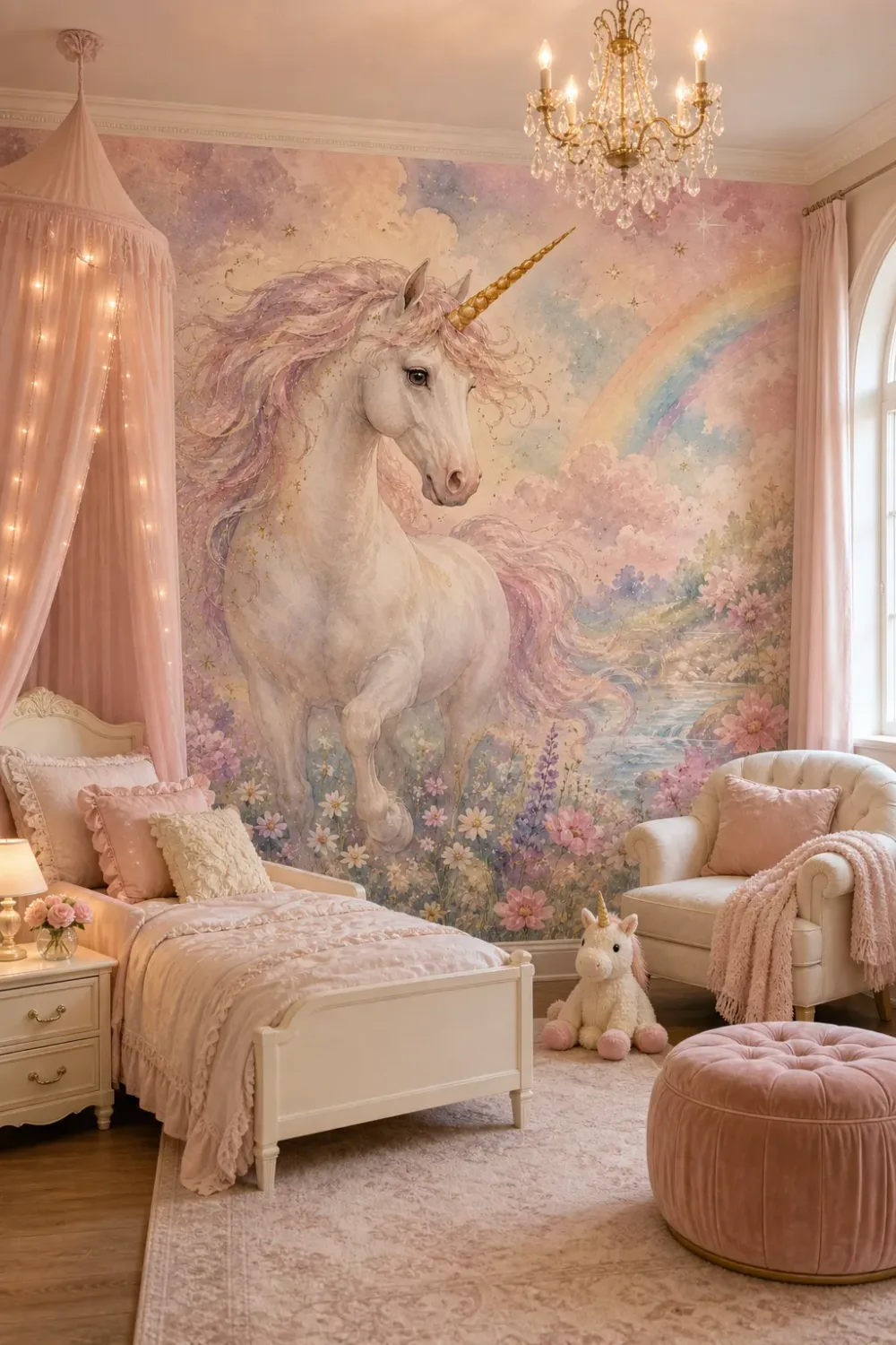 A French Provincial nursery featuring a Pastel Watercolor Unicorn Wallpaper Mural on the main wall behind a toddler bed with sheer canopy.