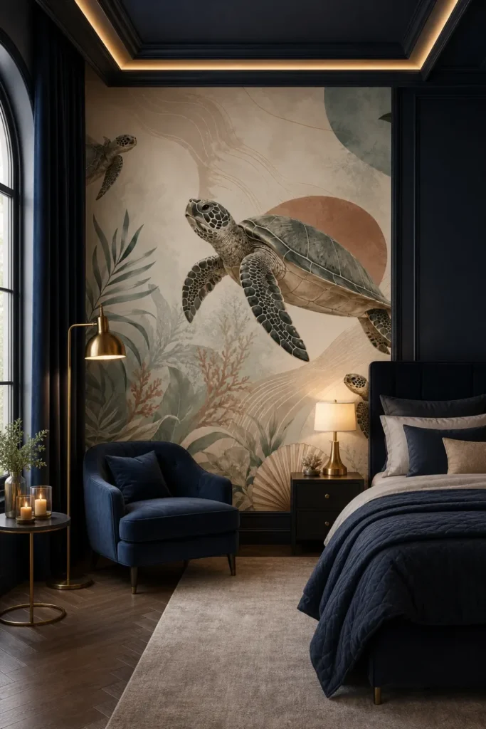 A Modern Neoclassical moody bedroom featuring a Tropical Sea Turtle Wallpaper Mural on a large accent wall behind a navy bed.