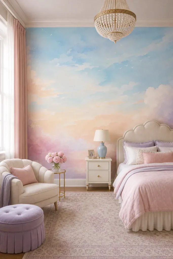 A whimsical neoclassical girl's bedroom featuring a dreamy pastel watercolor sky wallpaper mural on the main wall behind a cream scalloped bed.