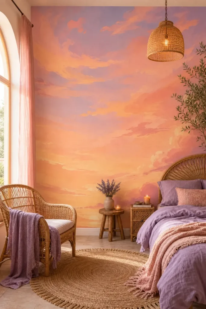 A bohemian minimalist bedroom featuring a sunset painted sky wallpaper mural behind a bed with lavender linens.