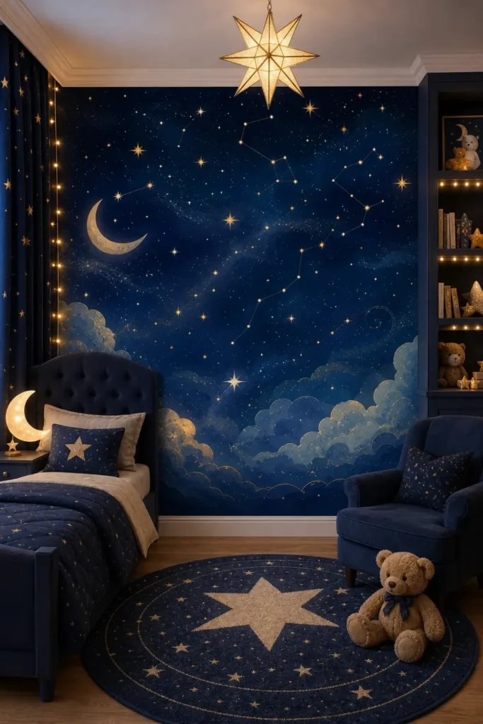 A whimsical children's nursery featuring a celestial night sky wallpaper mural behind a toddler bed and navy armchair.