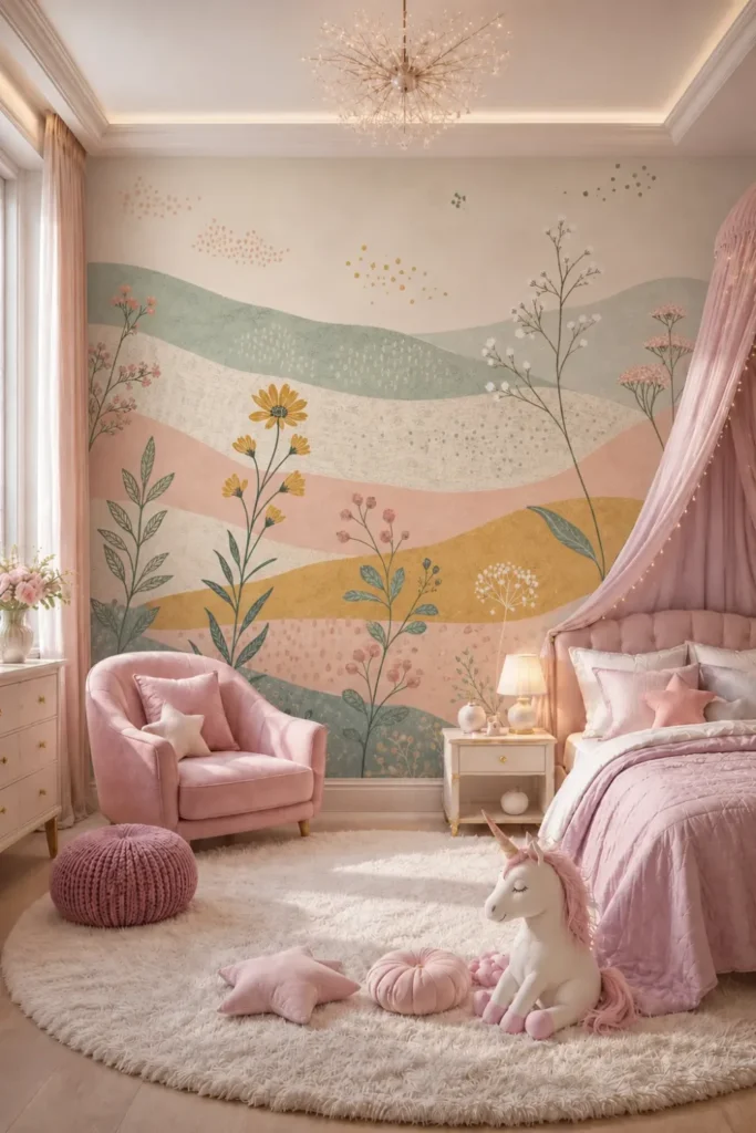 A modern whimsical nursery featuring a Retro wildflower wallpaper mural behind a pink tufted bed and velvet armchair.