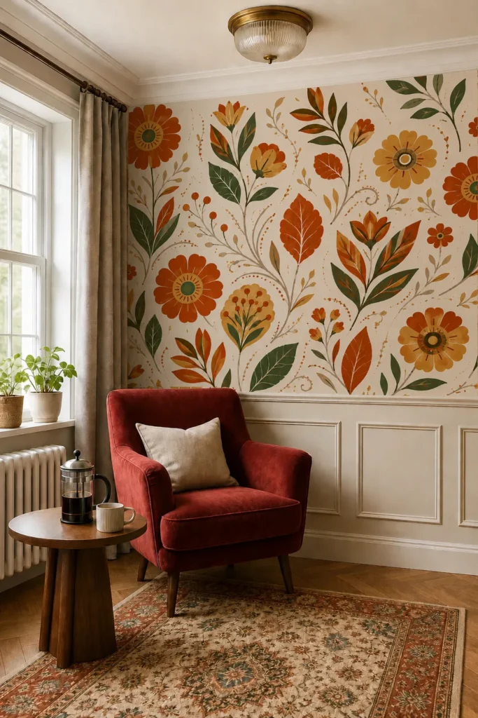 A sophisticated transitional living room featuring a Mid Century Modern Floral Wallpaper Mural in Terracotta and Olive Green above classic white wainscoting.