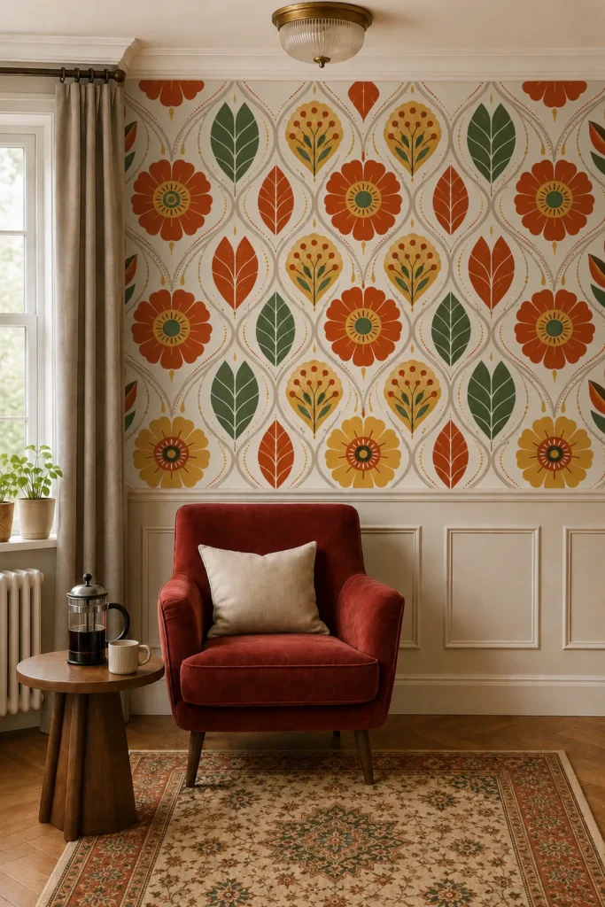 A rustic reading nook featuring a Retro Mid Century Modern Floral Wallpaper above cream wainscoting and a rust-red velvet armchair.
