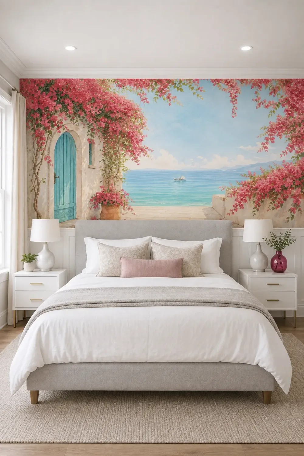 A Contemporary Transitional Bedroom featuring a Watercolor Pink Bougainvillea Mediterranean Seaside Wallpaper Mural installed above white wainscoting behind a gray bed.