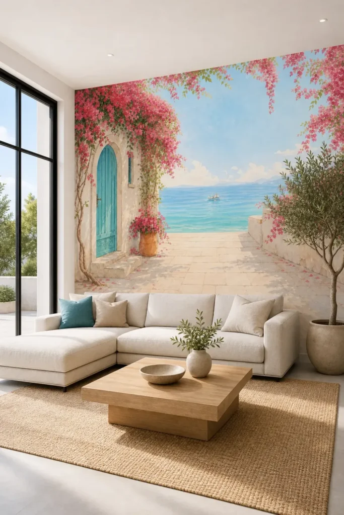 A modern Mediterranean living room featuring the Watercolor Pink Bougainvillea Mediterranean Seaside Wallpaper Mural installed on a large accent wall behind a low-profile sofa.