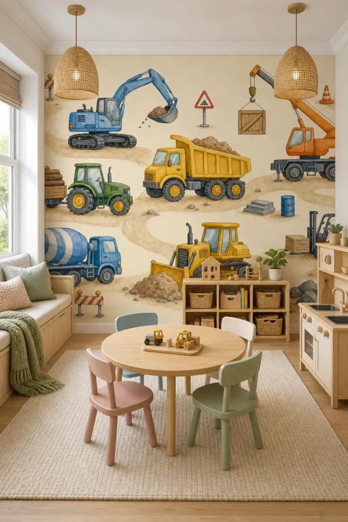 A Scandinavian children's playroom featuring a Cartoon Construction Excavators Cranes and Trucks Wall Mural on the main accent wall.