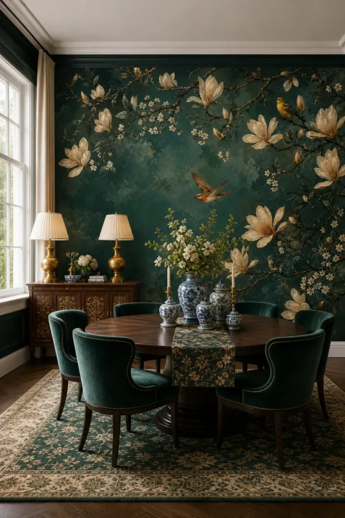 A luxury dining room set with a moody teal magnolia songbirds wall mural on a large feature wall behind a sideboard and round table.