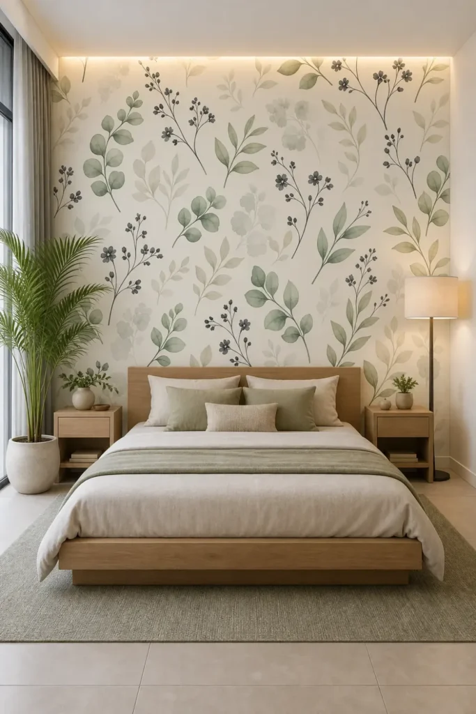 A Japandi bedroom featuring a platform bed against a sage green watercolor floral leaf wallpaper accent wall.