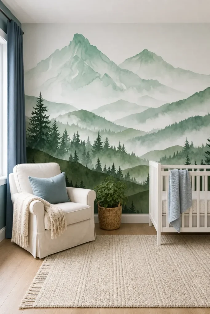 A modern Scandinavian nursery featuring a misty green mountain forest wall mural behind a white wooden crib and armchair.