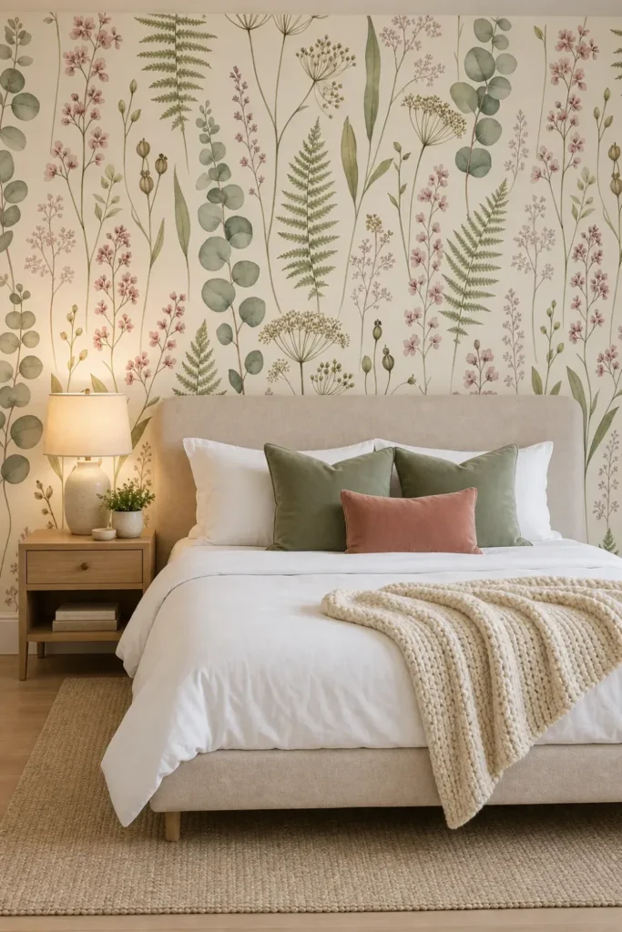 A modern organic minimalist bedroom featuring a pastel wildflower botanical watercolor wallpaper on a large accent wall behind an upholstered bed.