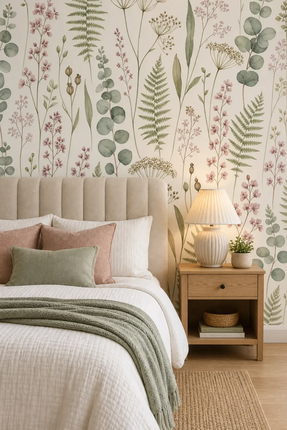 A Scandinavian bedroom featuring a pastel wildflower botanical watercolor wallpaper mural behind a beige tufted headboard and natural wood nightstand.