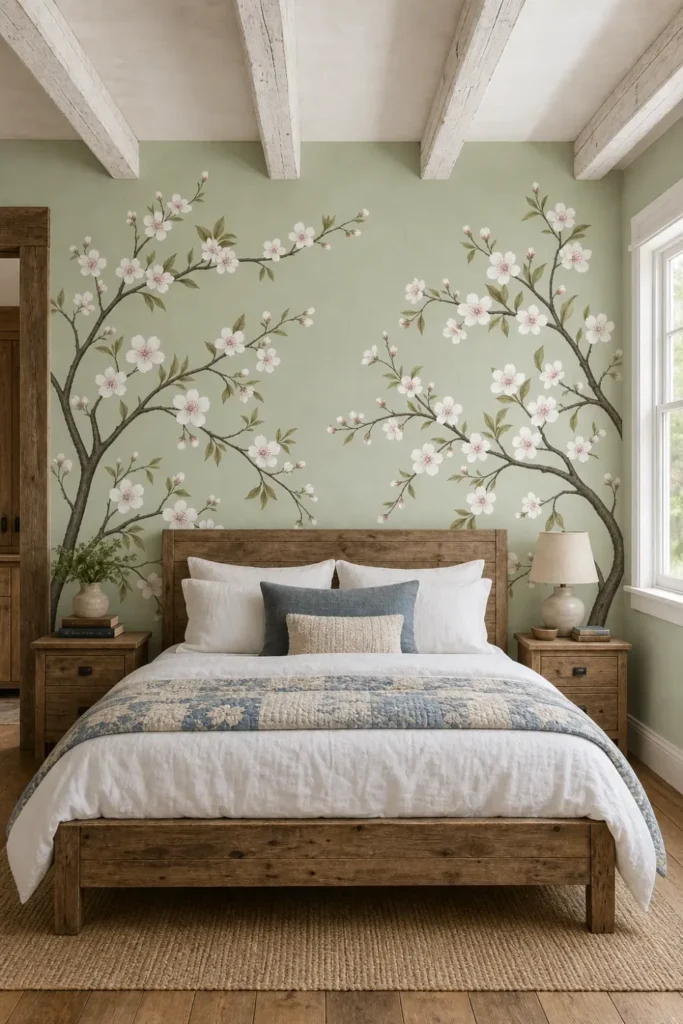 A rustic cottage bedroom featuring a sage green cherry blossom tree wall mural behind a reclaimed wood headboard.
