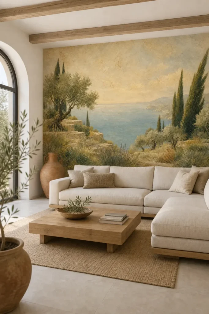 A modern villa living room featuring a muted coastal cypress landscape mural on a main accent wall.
