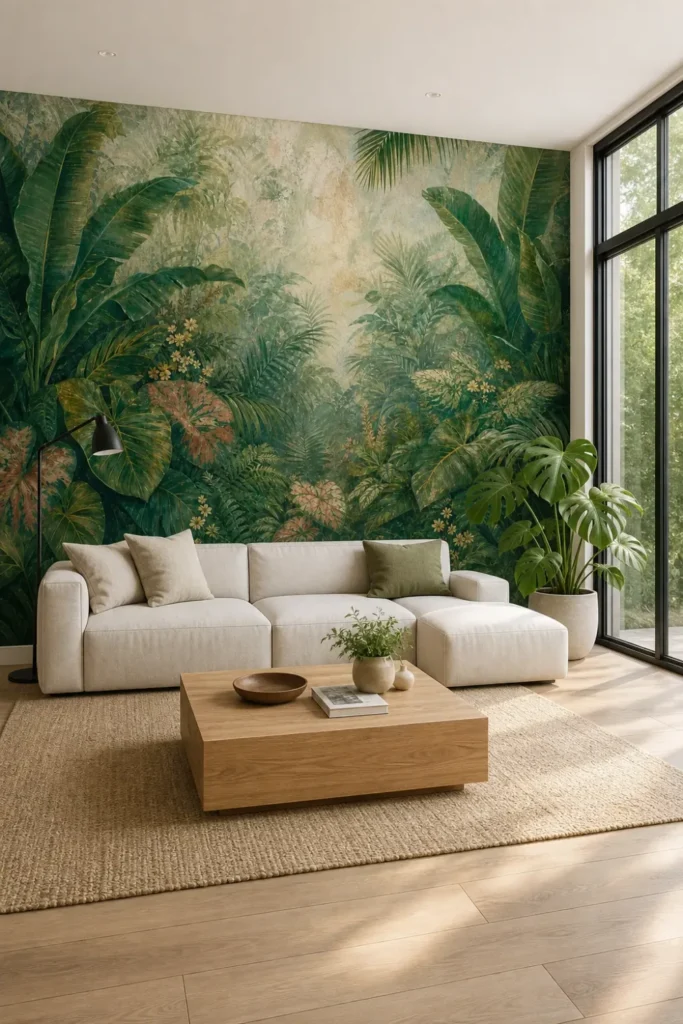 A modern Scandinavian conservatory featuring a layered tropical garden fresco wall mural behind a modular sofa.