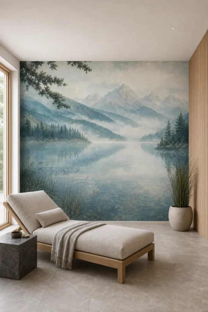 A serene Nordic spa room featuring an atmospheric lakeside pine landscape mural on a prominent plaster wall.