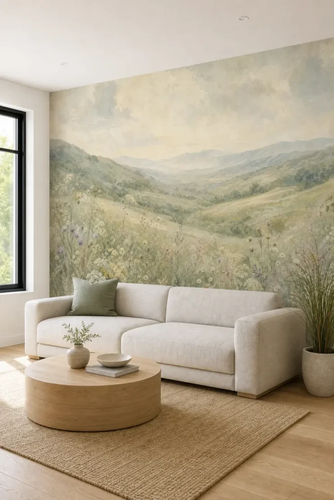 A modern Scandinavian living room featuring a large sage wildflower valley mural installed on the primary wall.