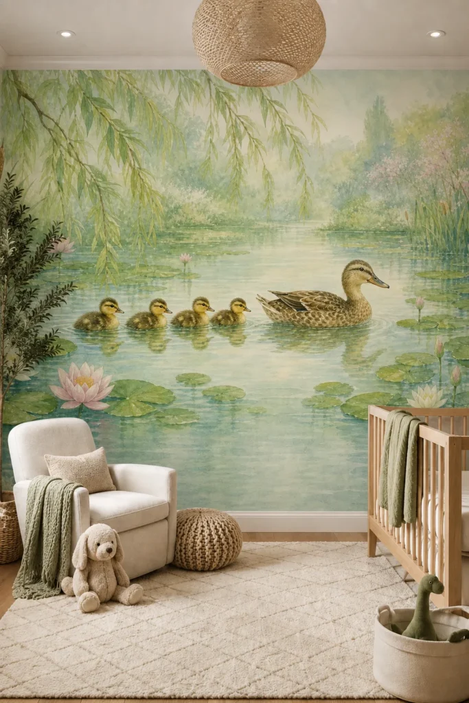 Warm minimalist nursery showcasing a pastel duckling lily pond mural behind a cream armchair, natural-oak crib, woven pendant, and sage accents.
