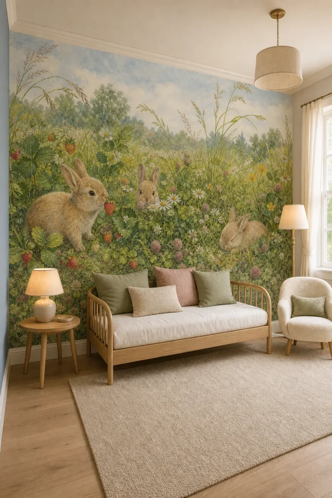 A whimsical rabbit strawberry meadow mural stages a serene English country-inspired nursery with an oak daybed, cream textiles, and soft morning light.