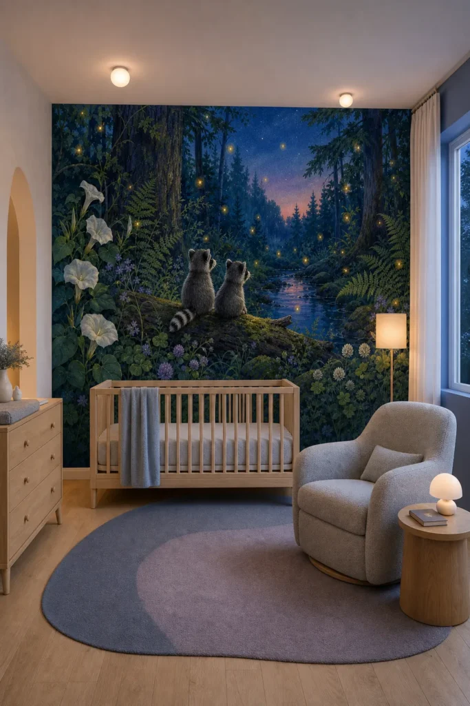 Serene contemporary nursery showcasing a firefly raccoon woodland mural behind a natural-oak crib, with cool twilight ambience and warm layered lighting.