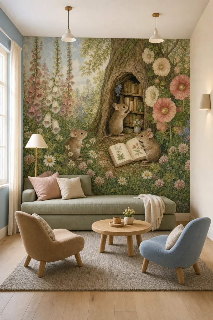 Warm cottage children's reading room featuring a tiny mouse garden library mural across the full wall behind a sage daybed and child-scale chairs.