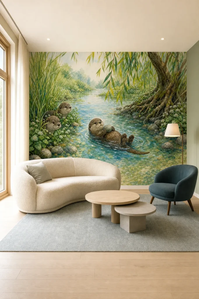 Airy Scandinavian reading lounge featuring a playful otter riverside storybook mural, curved ivory sofa, teal chair, and pale oak flooring.