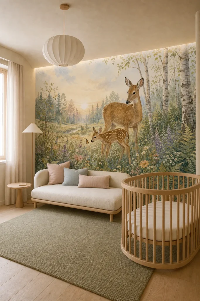 Serene contemporary nursery showcasing a gentle deer wildflower woodland mural behind an ivory daybed and pale oak crib.