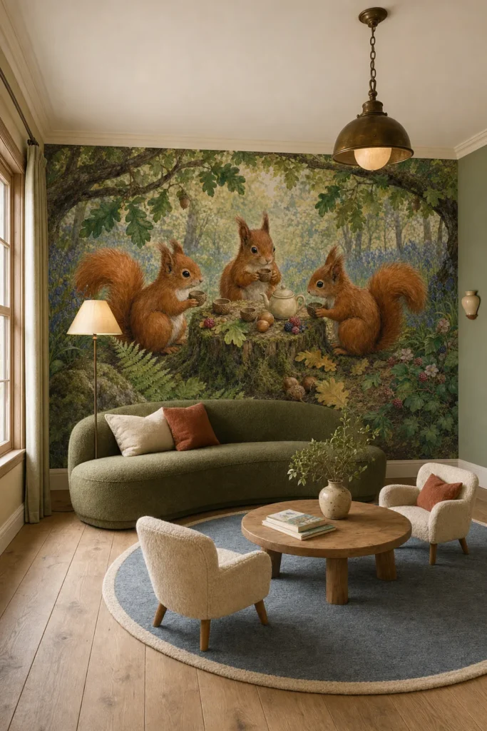 Squirrel acorn tea party mural installed floor-to-ceiling in a refined English-country children's reading room with a moss-green sofa and oak furnishings.