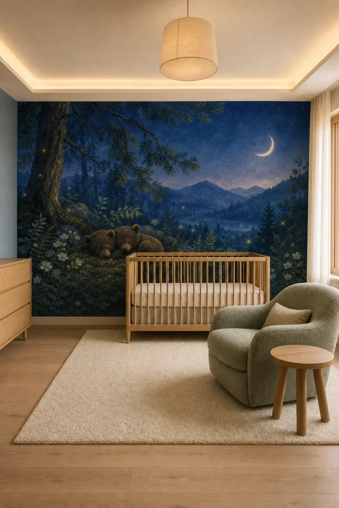 Refined contemporary nursery featuring a sleepy bear moonlit forest mural behind a natural oak crib, with sage seating and warm ambient light.