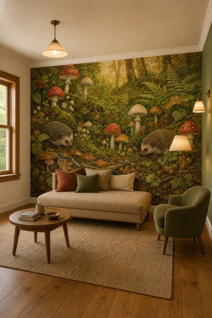 A cozy hedgehog mushroom forest mural staged across the feature wall of a warm English country-inspired children's reading room with a camel linen daybed.