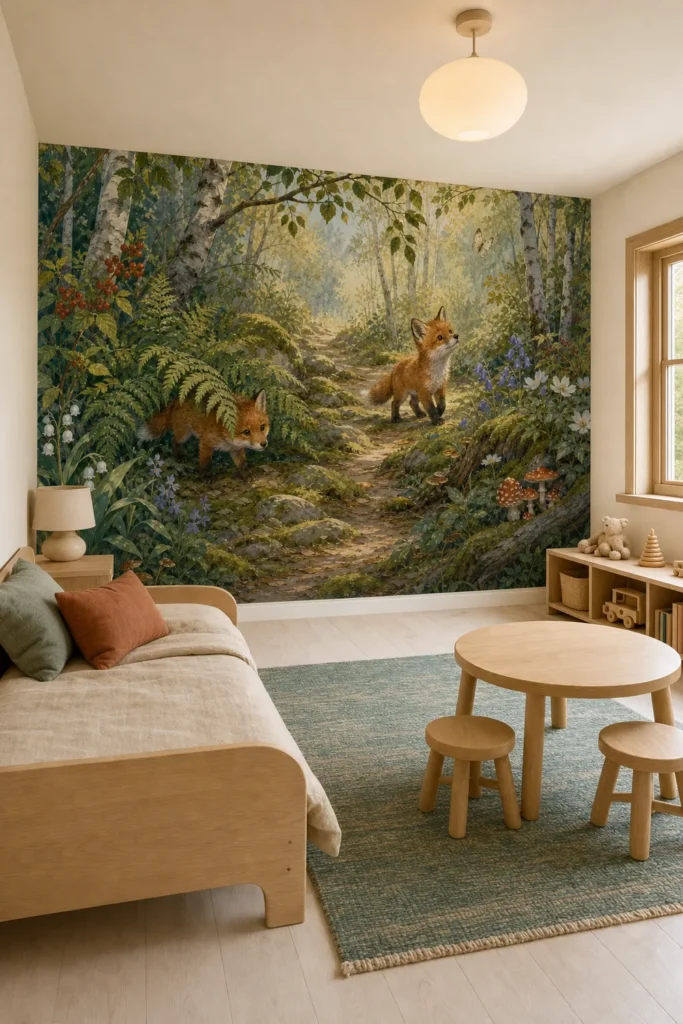 Airy Scandinavian children's bedroom showcasing a storybook fox woodland adventure mural on a panoramic wall with a pale-oak bed and play table.