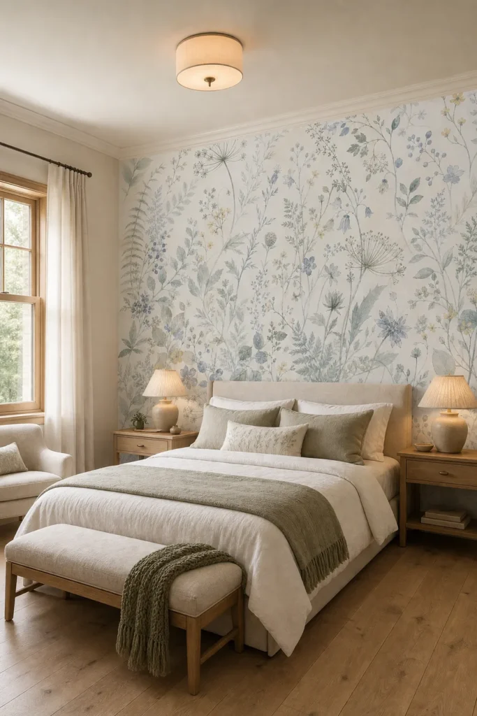 Airy contemporary country bedroom showcasing nordic meadow herbarium wallpaper behind an upholstered queen bed, with pale oak flooring and soft daylight.