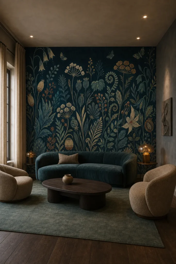 Moody heritage living room showcasing a midnight nordic folk garden mural on a broad feature wall behind a curved teal sofa.