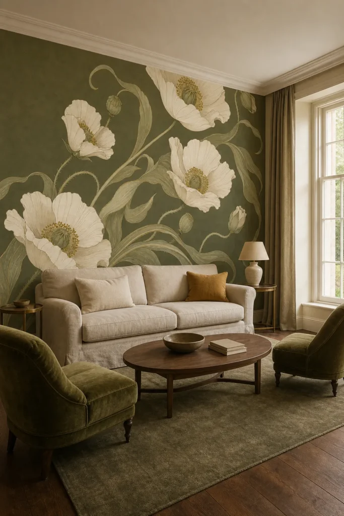 Ivory poppy scrolls displayed across a full-height mural wall in a refined Georgian living room with cream linen seating, moss velvet chairs, walnut flooring, and warm late-afternoon light.