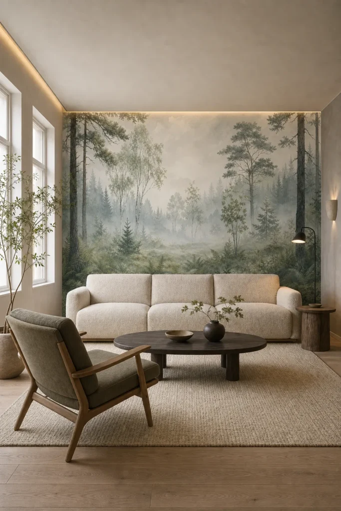 Misty scandinavian woodland mural staged across a full-height feature wall in an airy Scandinavian-Japandi living room with oatmeal seating and pale oak flooring.