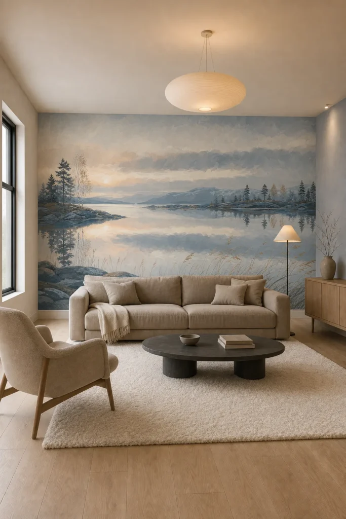 Serene Nordic living room featuring a northern lake dawn panoramic mural behind a dusty taupe sofa and slate-gray coffee table.