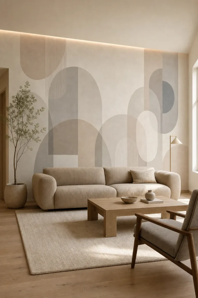 Soft arch rhythm wall mural staged across a broad feature wall in a serene contemporary living room with taupe seating and pale oak flooring.