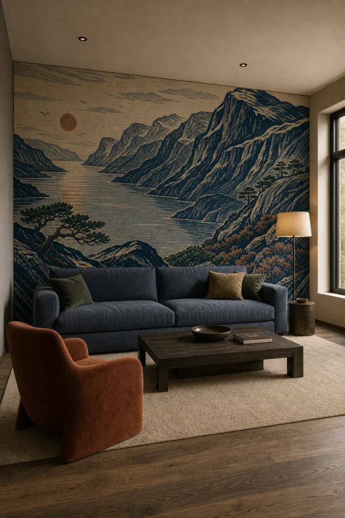 Warm contemporary living room showcasing a nordic fjord linocut mural across a broad feature wall behind a slate-blue sofa.