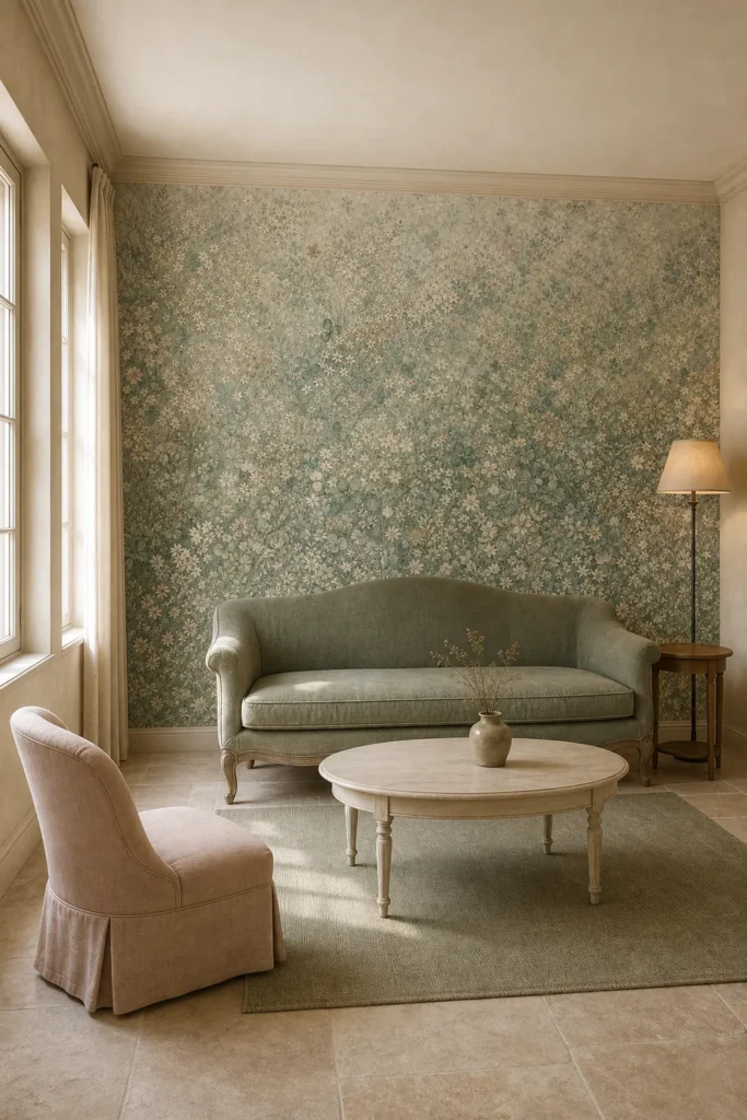 Tiny forest blossom veil mural staged ceiling-to-floor in an airy European country living salon with a sage settee, blush chair, and soft daylight.