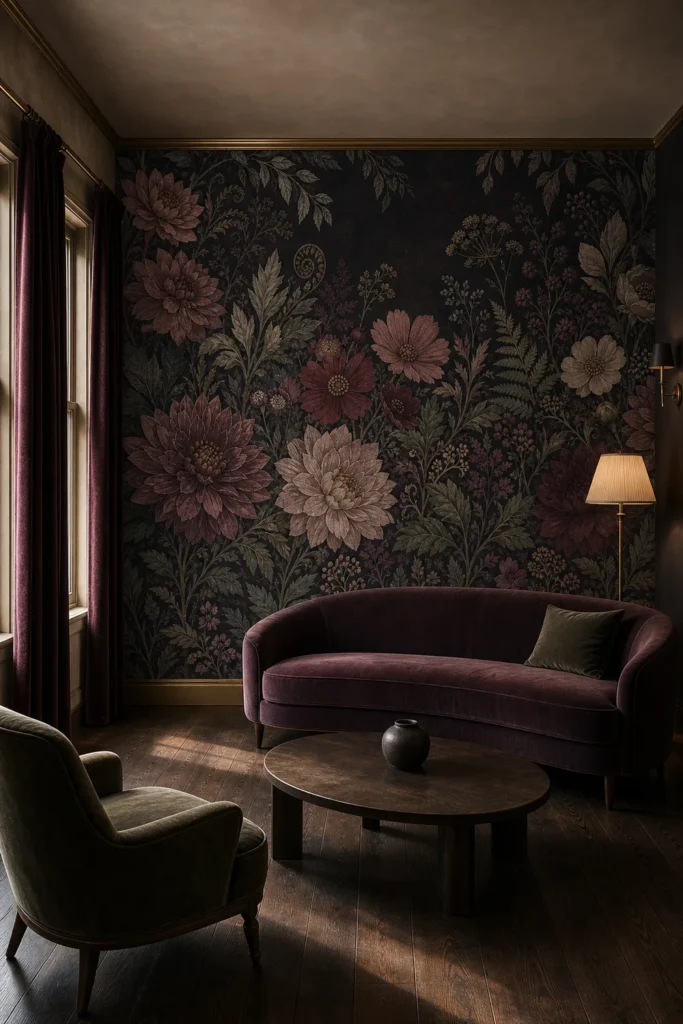 Dusky dahlia tapestry mural staged across a full feature wall in a refined Victorian-inspired salon with curved seating and warm late-afternoon light.