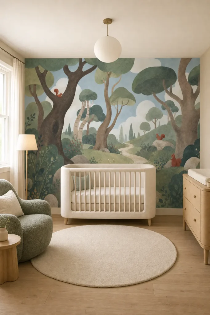 Airy contemporary nursery featuring the playful nordic canopy grove across the full wall behind an ivory crib, with sage seating and pale oak flooring.