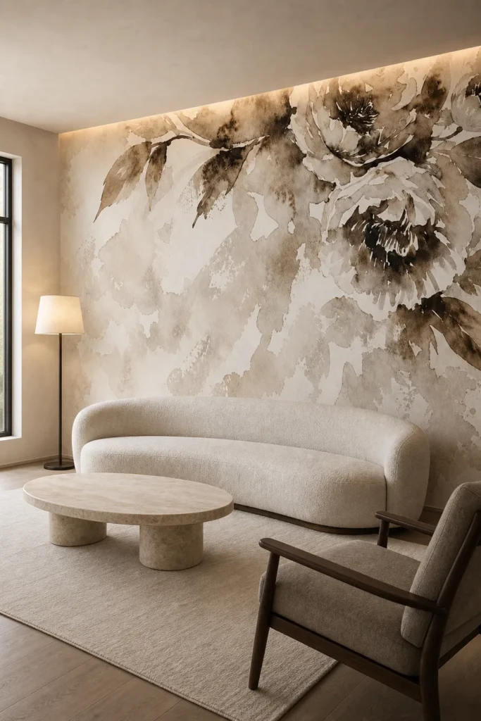 Neutral brown watercolor floral wallpaper mural staged on a full-height feature wall in a quiet contemporary organic living room with an oatmeal curved sofa and smoked oak flooring.