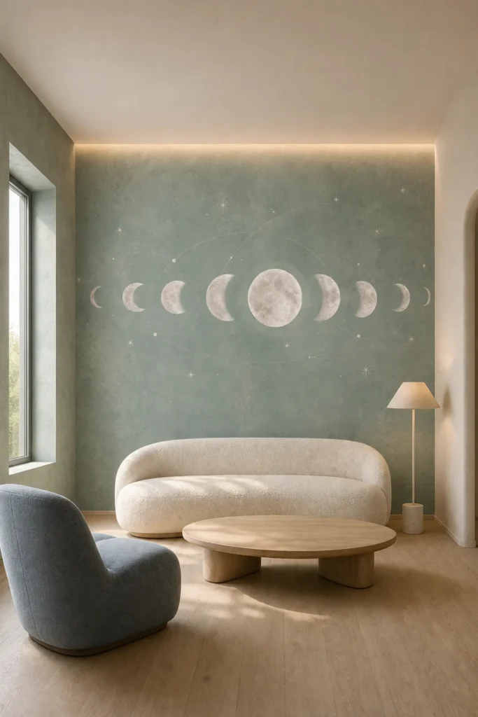 Serene organic living room showcasing a scandinavian sage moon phase orbit mural on a full-height feature wall.